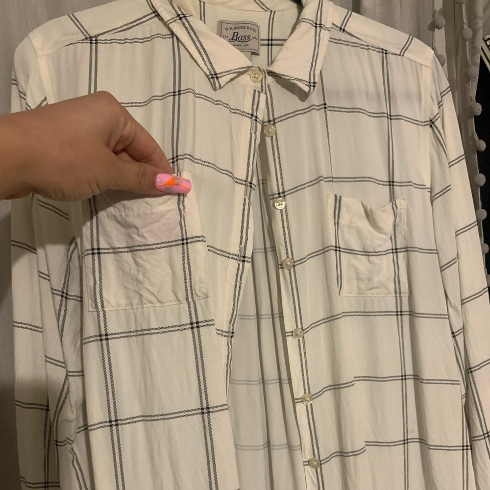 VINTAGE G H bass gray white black plaid button up long sleeve top
